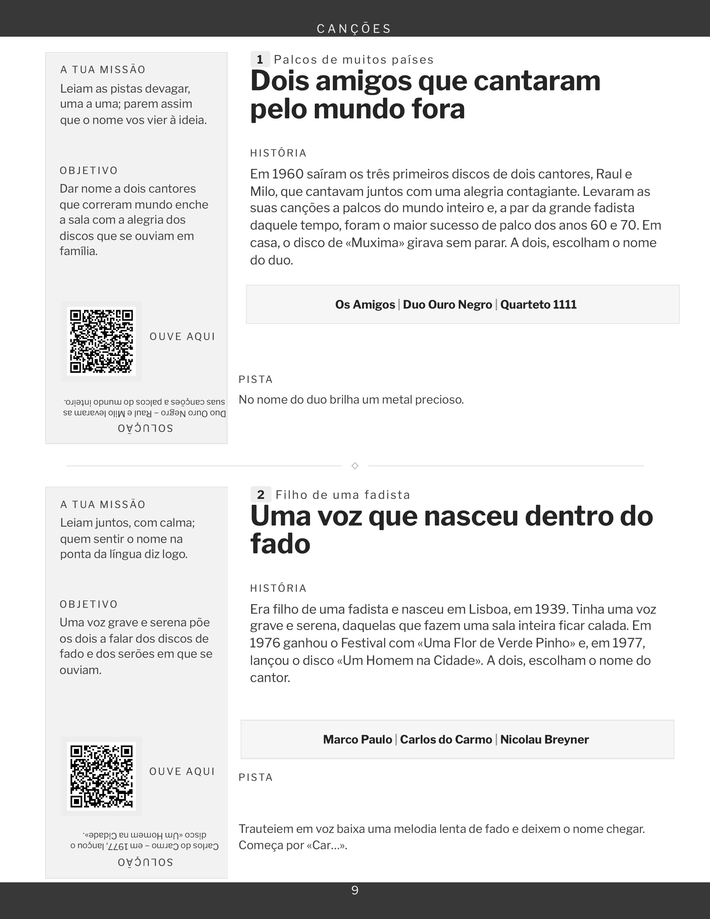 Uma página da rubrica Canções, dois jogos e o respetivo quadrado para fotografar