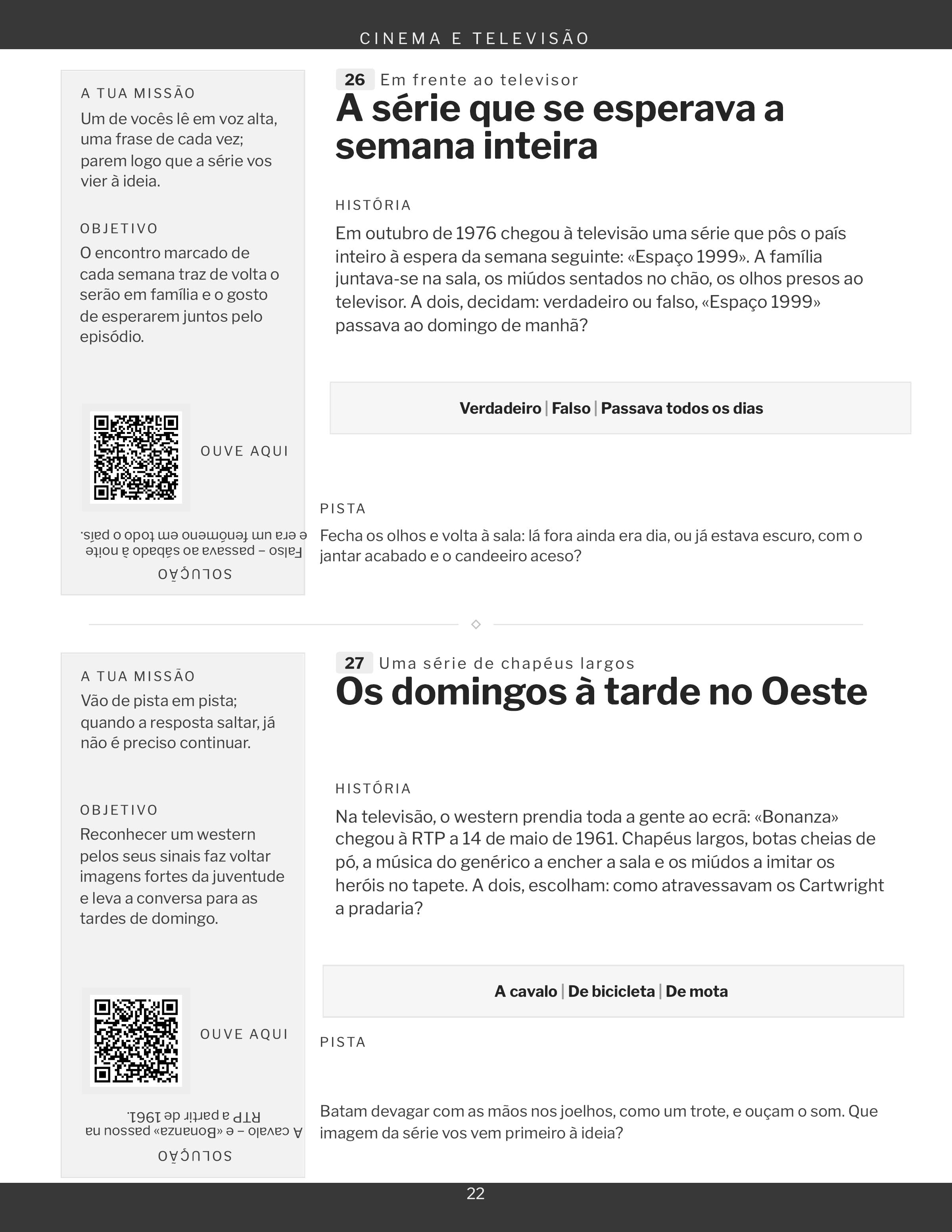 Uma página da rubrica Cinema e televisão, dois jogos e o respetivo quadrado