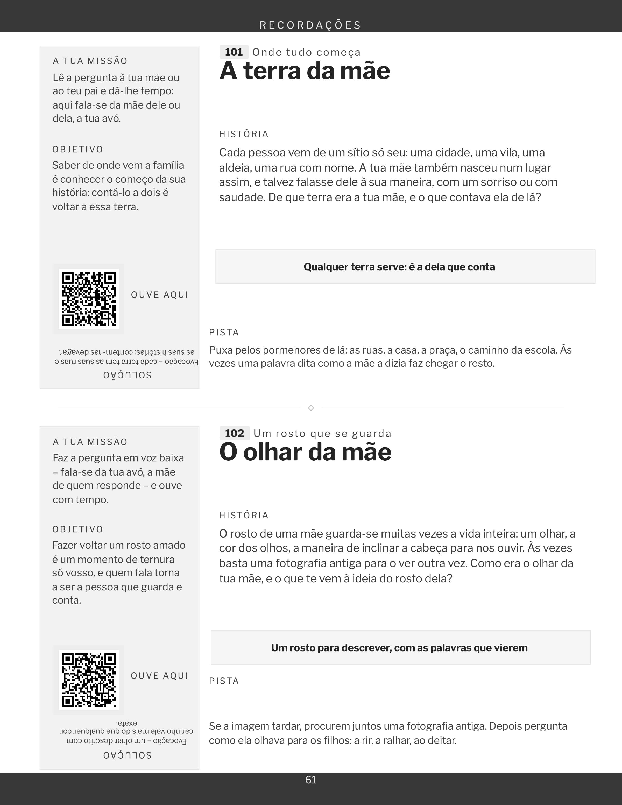 Uma página da rubrica Recordações, dois jogos e o respetivo quadrado